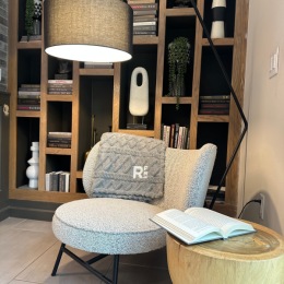 a library with a chair