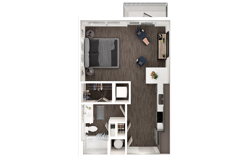 S1 - Studio floorplan layout with 1 bath and 558 square feet. (3D)