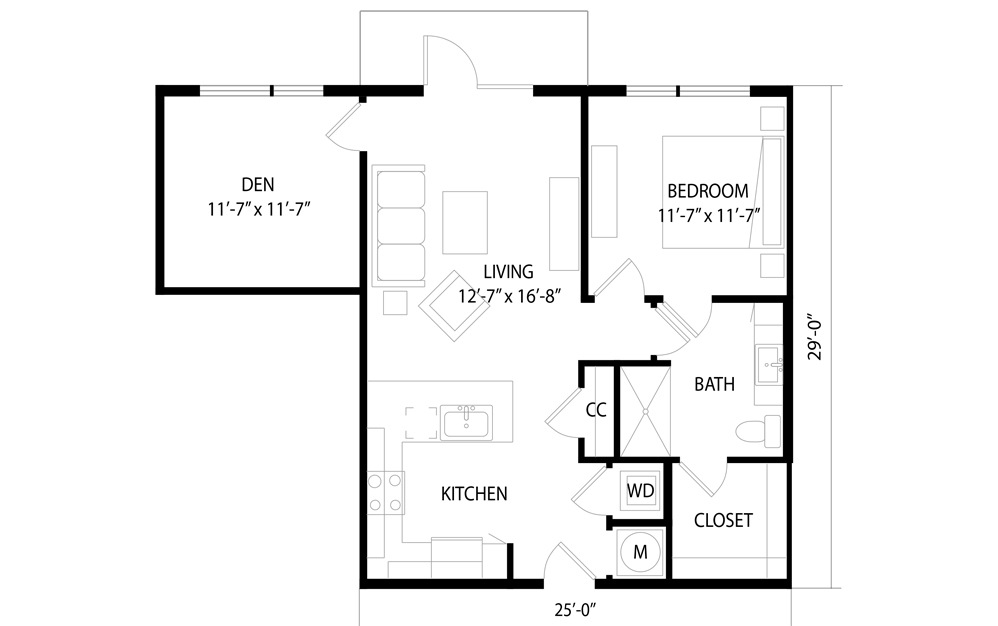 A6 - 1 bedroom floorplan layout with 1 bath and 866 square feet. (2D)